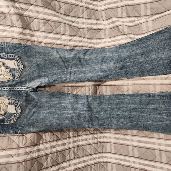 Miss Me Blue Flare Wide Leg Jeans with Fading - Picture 3 of 4